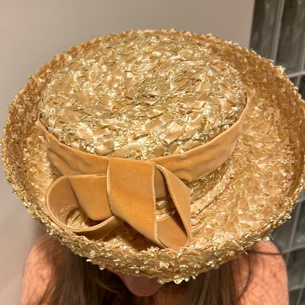 Vintage Straw Hat‎ Pale Yellow/Wheat Felt Bow Woven